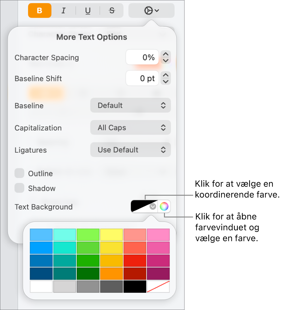 Betjeningsmuligheder til valg af en baggrundsfarve til tekst.