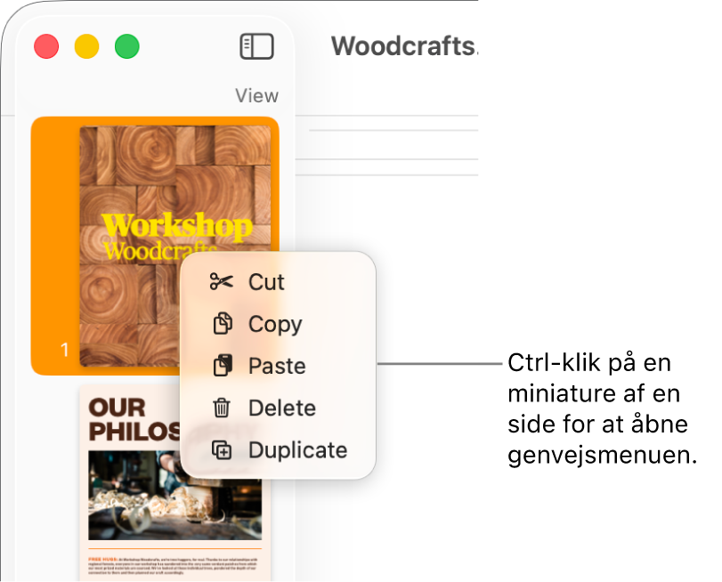 Oversigten Miniaturer af sider med en valgt miniature og åben genvejsmenu.