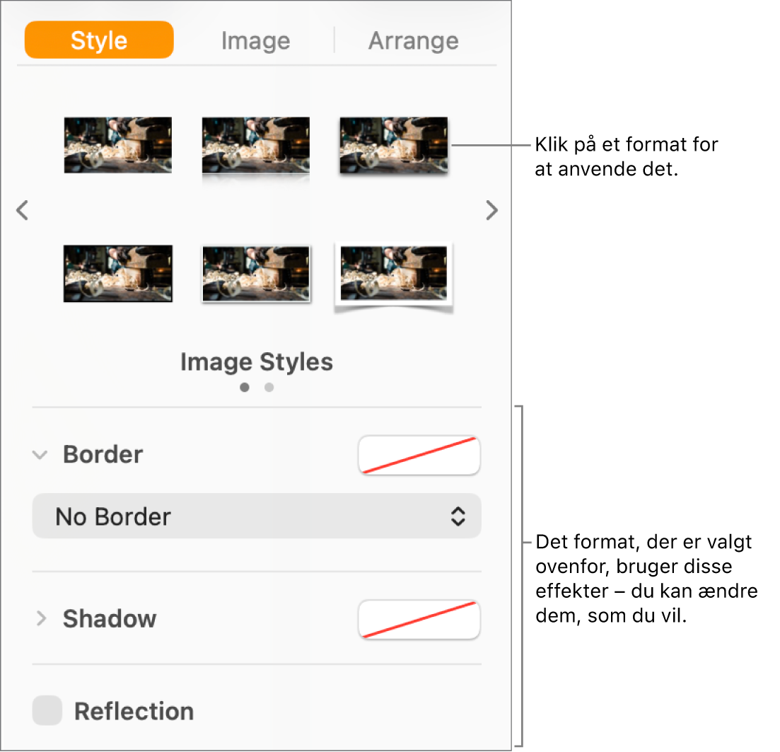 Fanen Format i indholdsoversigten Format, der viser valg til objektformater.