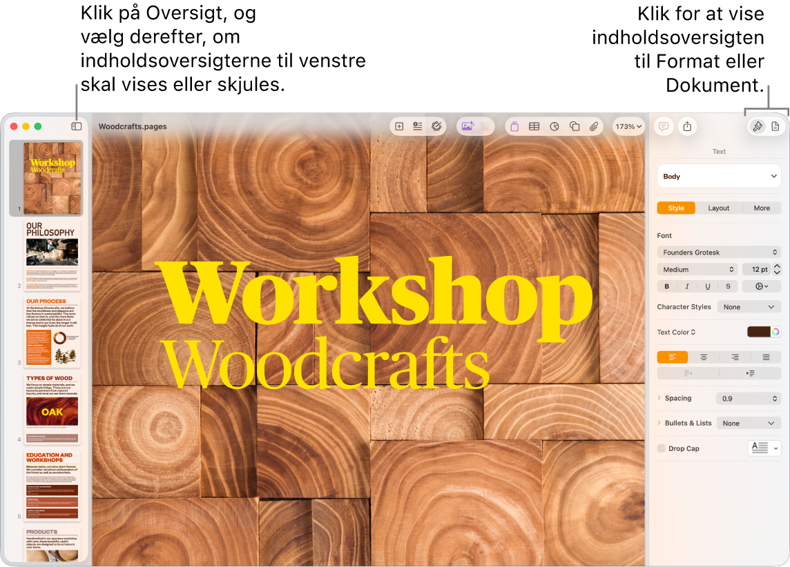 Pages-vinduet med billedforklaringer til knappen Oversigt og knapperne Format og Dokument på værktøjslinjen. Åbne indholdsoversigter til venstre og højre.