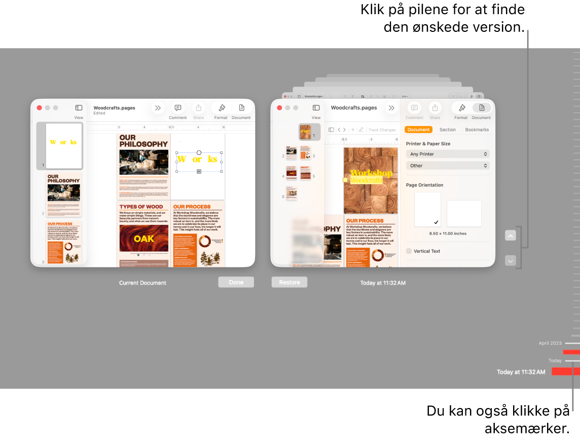 Tidslinjen med versioner, der viser det aktuelle dokument til venstre og en nylig version til højre.