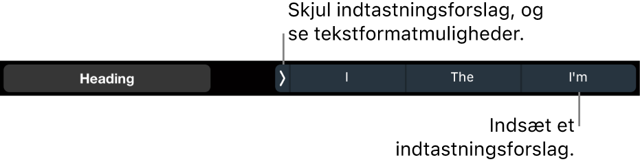 MacBook Pro Touch Bar med betjeningsmuligheder til at vælge tekstformat, skjule indtastningsforslag og indsætte indtastningsforslag.