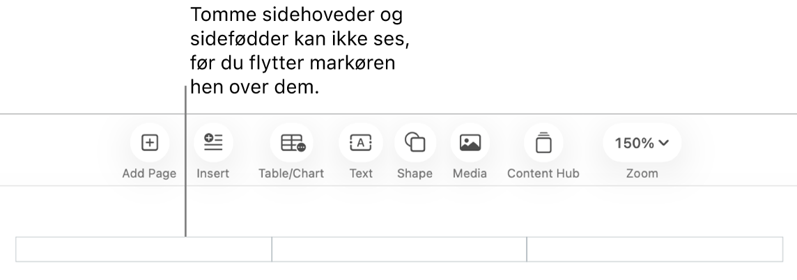 Tre felter til sidehovedet over et dokuments titel.