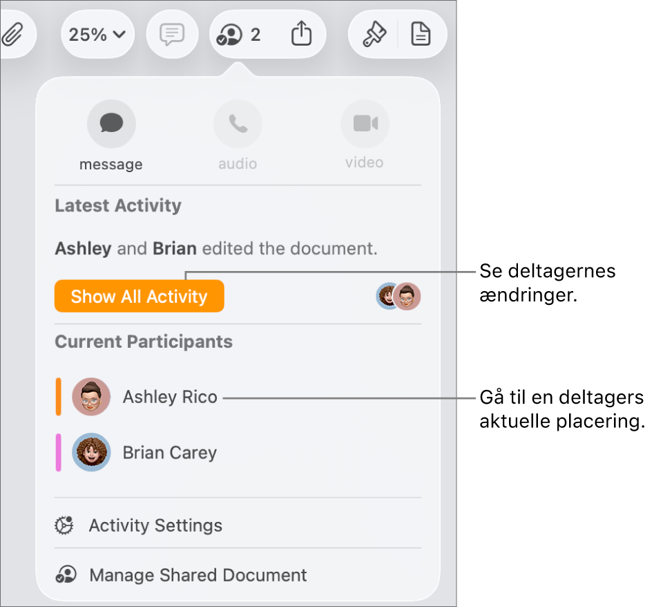 Samarbejdsmenuen, hvor to aktuelle deltagere er angivet.