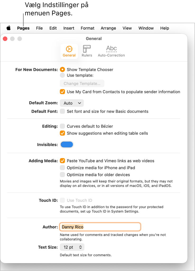 Fanen Generelt i vinduet med indstillinger til Pages.