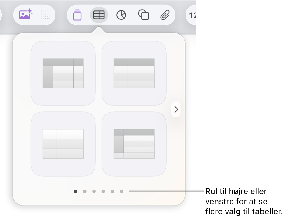 Menuen Tilføj tabel med navigationspile.