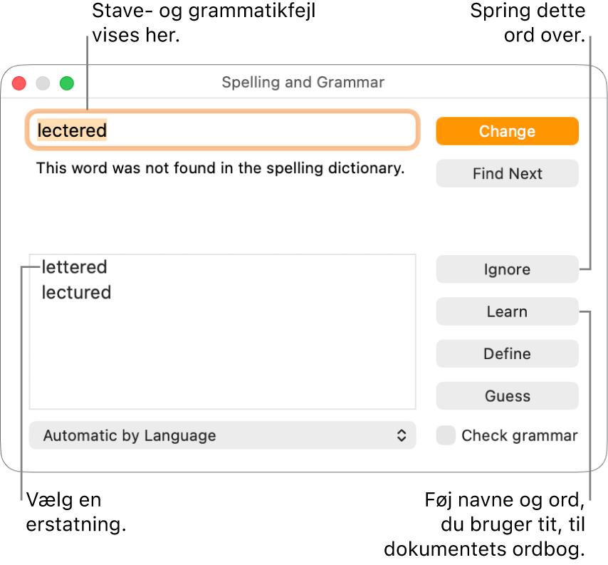 Vinduet Stavekontrol og grammatik.