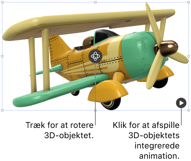 Et 3D-objekt med knappen Roter i midten af objektet og knappen Afspil i det nederste højre hjørne.