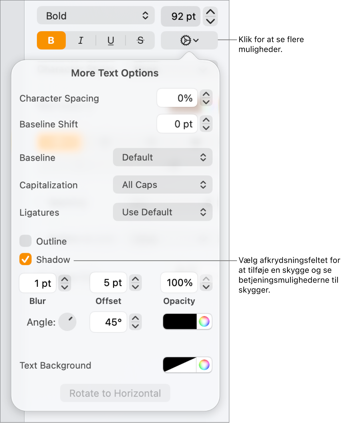 Menuen Avancerede indstillinger er åben med afkrydsningsfeltet Skygger valgt og betjeningsmuligheder til indstilling af sløring, forskydning, opacitet, vinkel og farve.