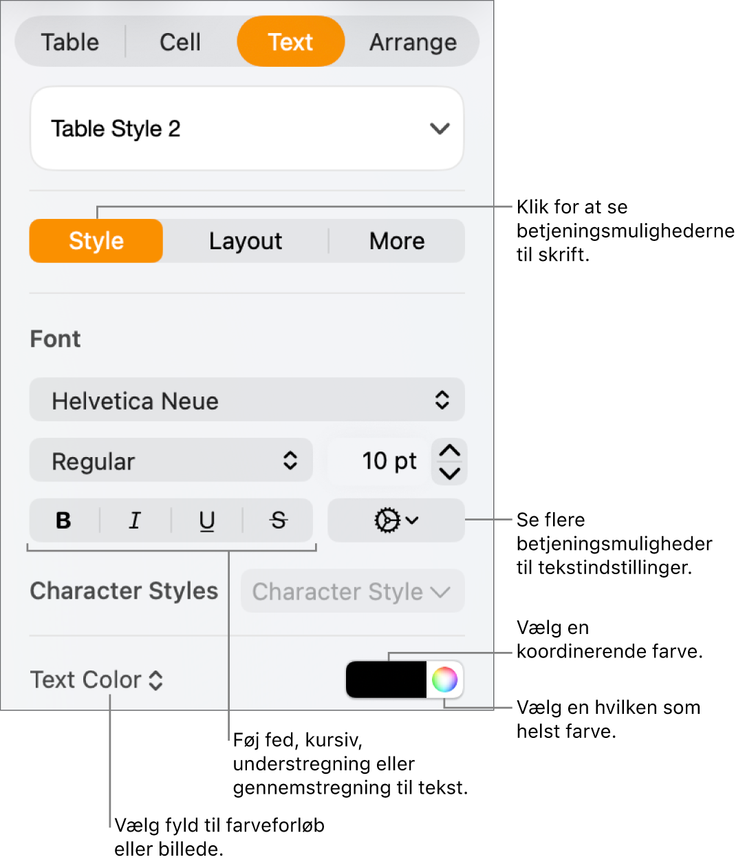 Betjeningsmulighederne til formatering af tabeltekst.