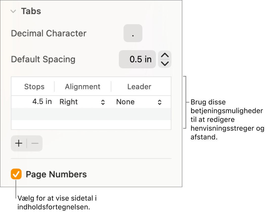Sektionen Faner i indholdsoversigten Format. Under Standardafstand ses en tabel med kolonner til Stop, Justering og Udpunktering. Afkrydsningsfeltet Sidetal er valgt og ses under tabellen.