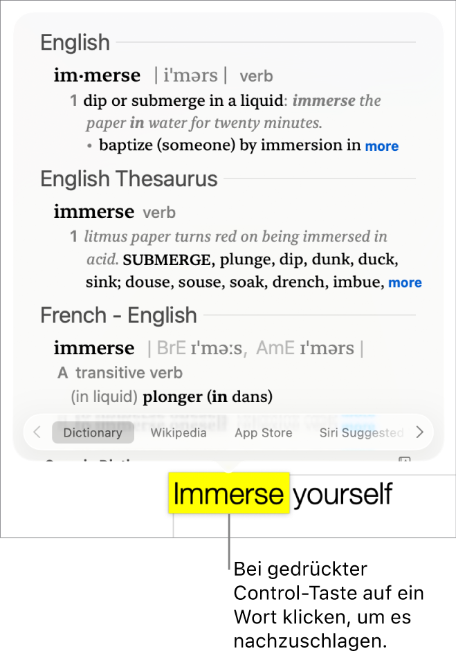 Ein Absatz, in dem ein Wort hervorgehoben ist. Ein Fenster zeigt die Definition des Wortes und einen Thesaurus-Eintrag. Tasten unten im Fenster stellen Links zum Lexikon, zu Wikipedia und von Siri vorgeschlagenen Websites bereit.