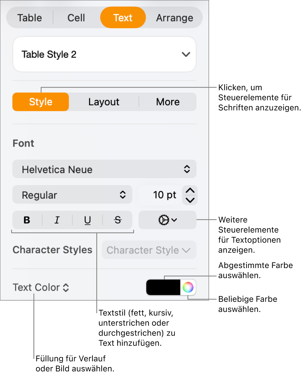 Die Steuerelemente zum Anpassen des Tabellentexts