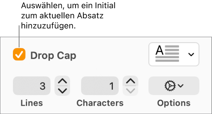 Das Feld „Initial“ ist markiert und rechts daneben erscheint ein Einblendmenü; Steuerelemente zum Einstellen der Zeilenhöhe, Anzahl von Zeichen und weitere Optionen werden darunter angezeigt.