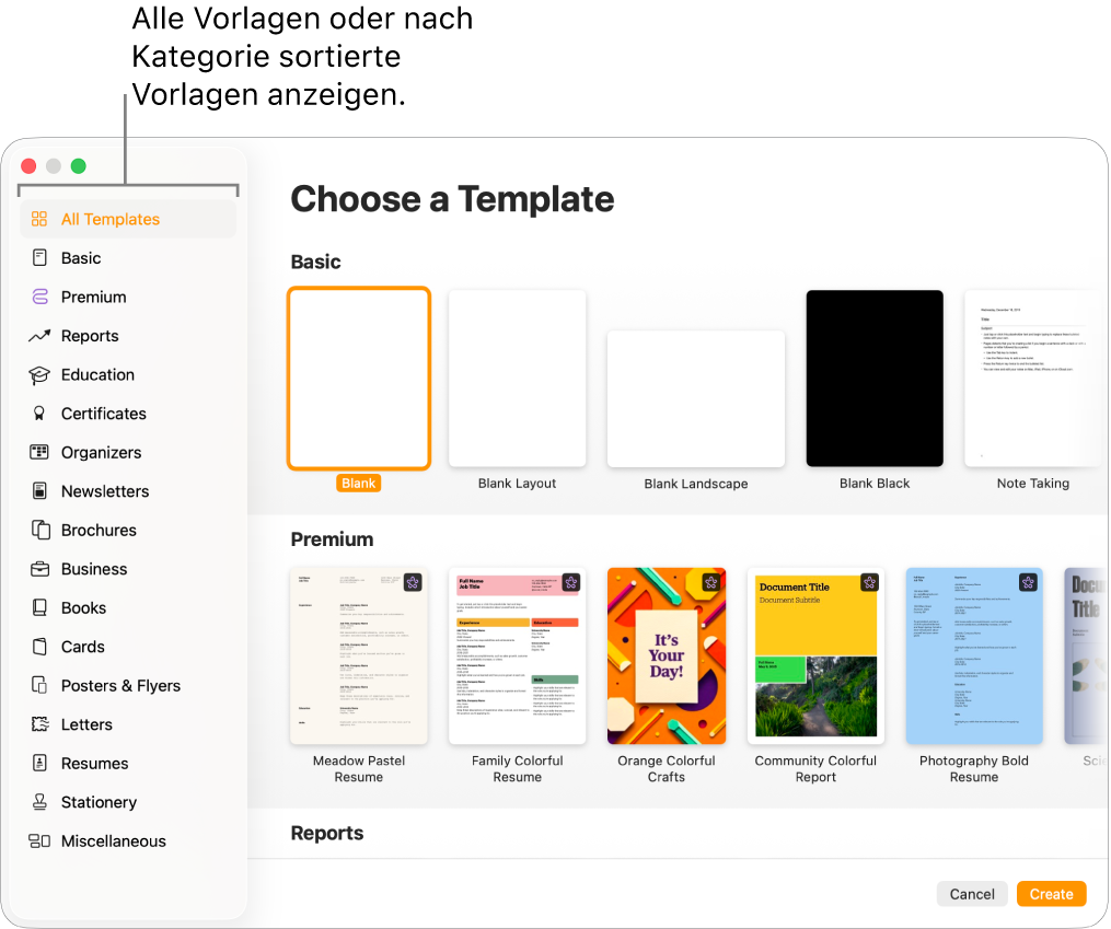 Die Vorlagenauswahl. In einer Seitenleiste links werden die Vorlagenkategorien aufgelistet, auf die du zum Filtern der Optionen klicken kannst. Rechts befinden sich die Miniaturen der vordefinierten Vorlagen in Zeilen nach Kategorie sortiert, angefangen bei „Neu“ oben und gefolgt von „Berichte“ und „Bücher“ im Hochformat. Das Einblendmenü „Sprache und Region“ ist links unten in der Ecke und die Tasten „Abbrechen“ und „Erstellen“ befinden sich rechts unten in der Ecke.