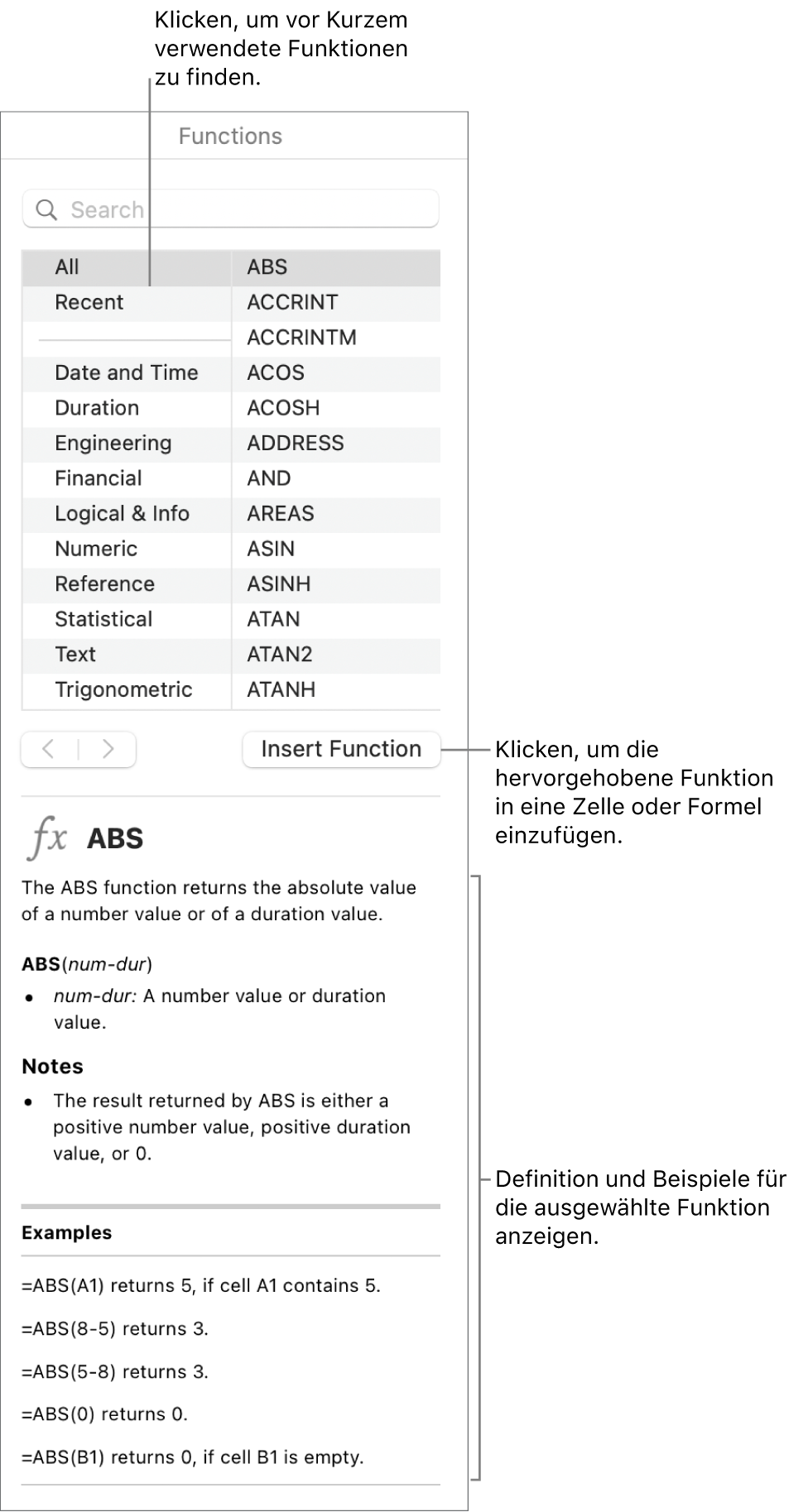 Die Funktionsübersicht mit Beschreibungen für die zuletzt verwendeten Funktionen, die Taste „Funktion einfügen“ und die Definition der Funktion