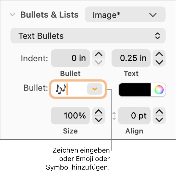 Der Abschnitt „Listen & Punkte“ in der Seitenleiste „Format“ Das Feld „Punkt“ mit einem Blumen-Emoji