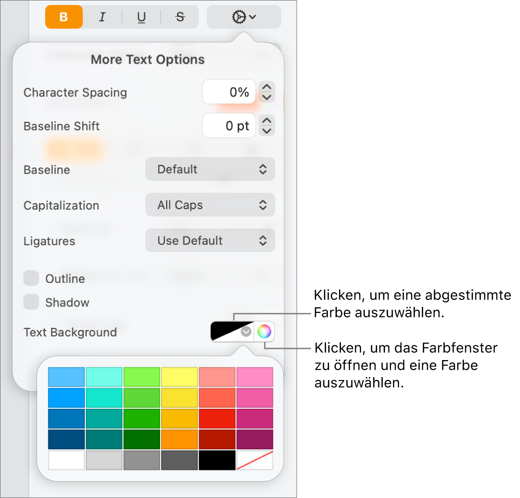Steuerelemente zur Auswahl einer Hintergrundfarbe für Text.