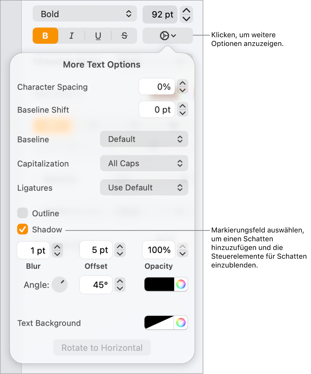 Das geöffnete Menü „Erweiterte Optionen“ mit der aktivierten Option „Schatten“ und Steuerelementen zum Konfigurieren von „Weichzeichnen“, „Versatz“, „Deckkraft“ und „Winkel“ sowie der Farbe.