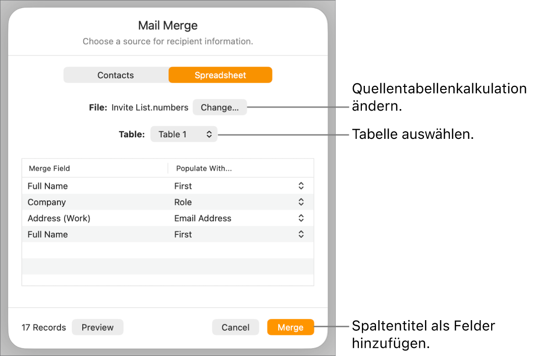 Die geöffnete Vorschaubereich für Serienbrieffelder mit Optionen zum Ändern der Quelldatei oder -Tabelle, Anzeigen einer Vorschau der Serienbrieffeld-Namen oder Hinzufügen der Spaltenüberschriften als Felder.