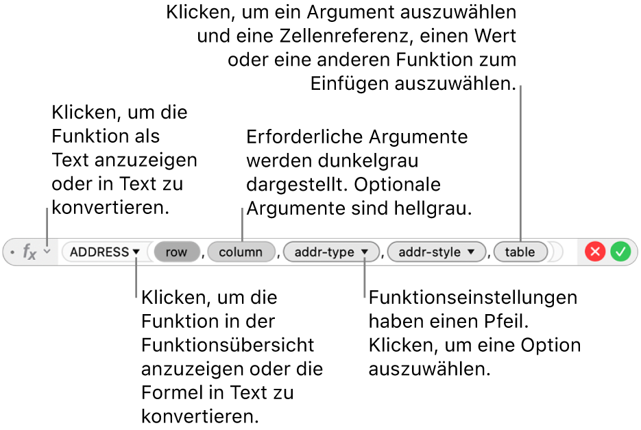 Der Formeleditor mit der Funktion ADRESSE und ihren Argument-Token