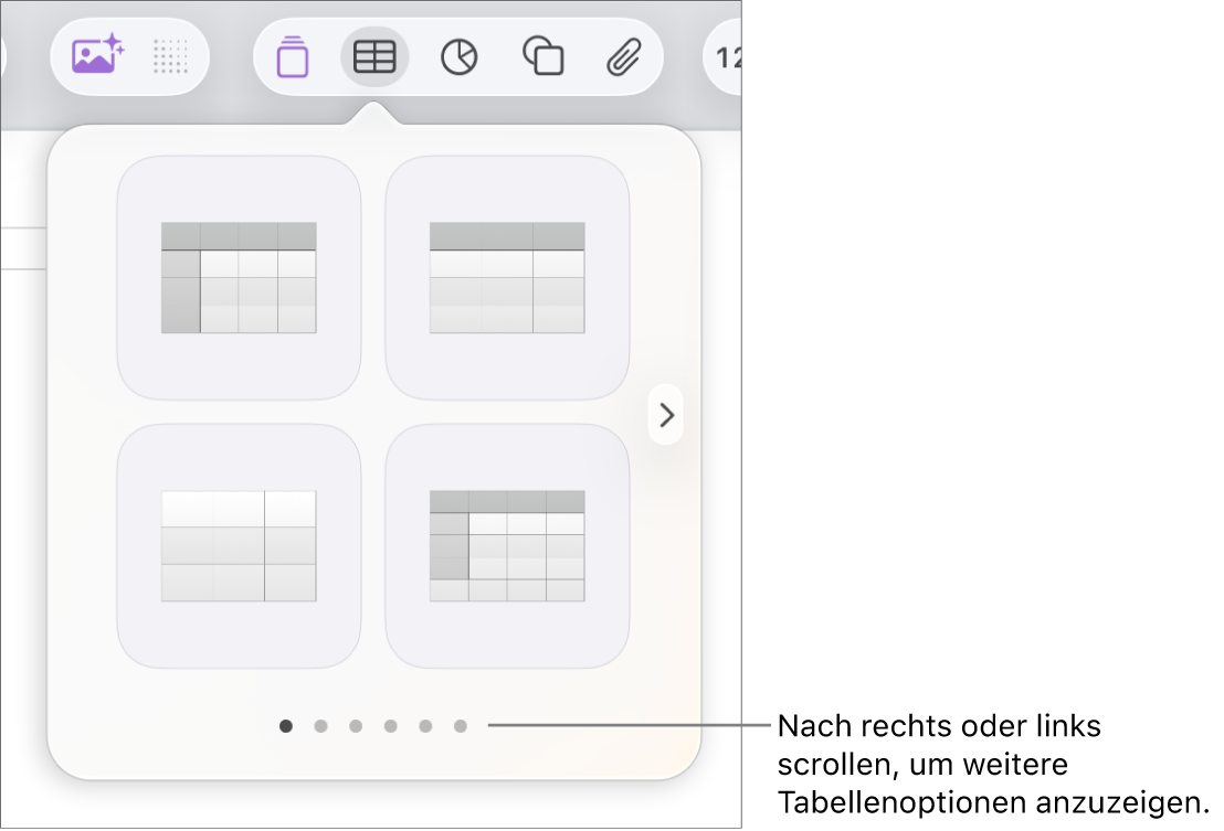 Das Menü zum Hinzufügen von Tabellen mit Navigationspfeilen