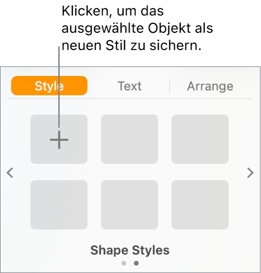 Der Tab „Stil“ der Seitenleiste „Format“ mit der Taste „Stil erstellen“ oben links und fünf leeren Stilplatzhaltern