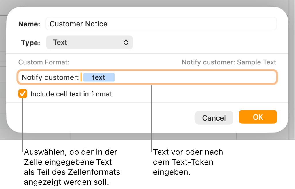Das Fenster für ein eigenes Zellenformat mit Steuerelementen zum Auswählen eigener Textformatierung