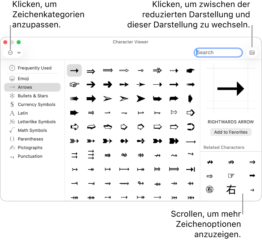 Die erweiterte Zeichenübersicht zeigt Sonderzeichen und Symbole, ein Menü für verschiedene Symbolkategorien auf der linken Seite und eine Taste rechts oben in der Ecke, mit der du zur reduzierten Ansicht zurückkehren kannst.