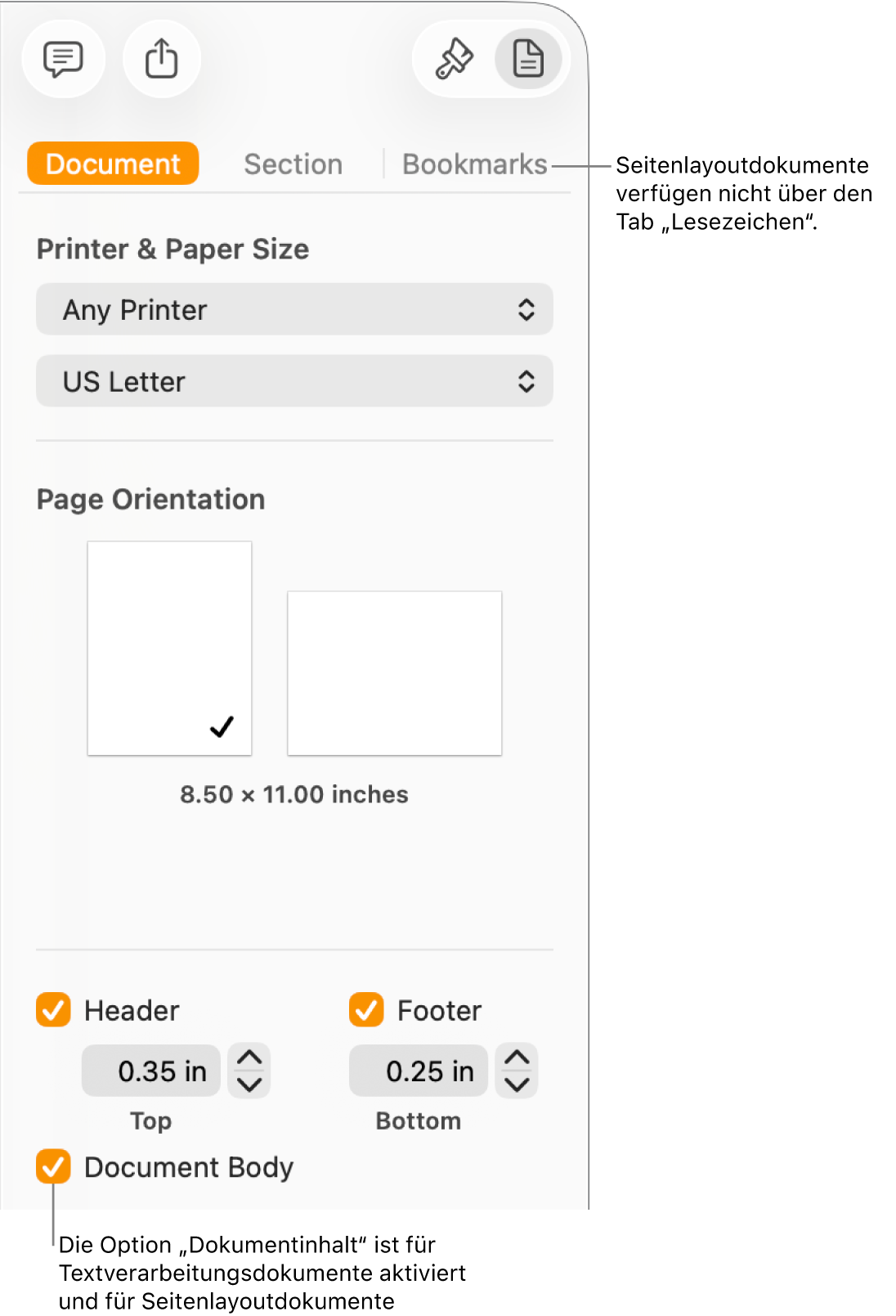 Die Seitenleiste „Format“ mit den Tabs „Dokument“, „Abschnitt“ und „Lesezeichen“ oben. Der Tab „Dokument“ ist ausgewählt und eine Beschreibung zum Tab „Lesezeichen“ sagt, dass Seitenlayoutdokumente über keinen Tab „Lesezeichen“ verfügen. Das Feld „Dokumentinhalt“ ist markiert, was auch darauf hinweist, dass es sich um ein Textverarbeitungsdokument handelt.