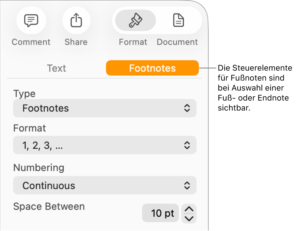 Der Tab „Fußnoten“ mit Einblendmenüs für „Typ“, „Format“, „Nummerierung“ und den Abstand zwischen den Fußnoten