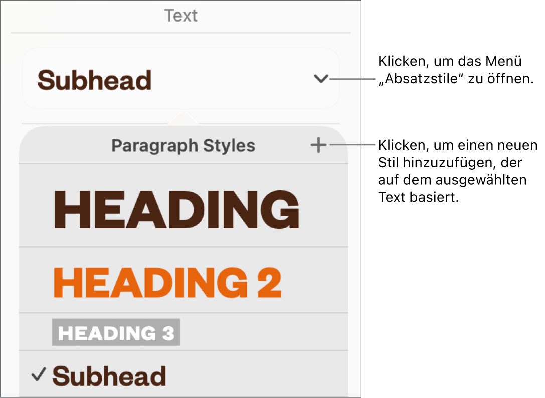 Das Menü „Absatzstile“ mit Steuerelementen zum Hinzufügen oder Ändern eines Stils
