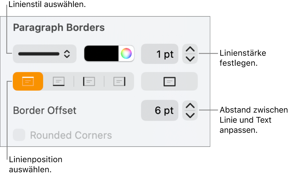 Steuerelemente, um Stil, Stärke, Position und Farbe der Linie zu ändern.