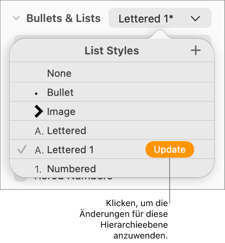 Das Einblendmenü „Listenstile“ mit einer Taste „Aktualisieren“ neben dem Namen des neuen Stils
