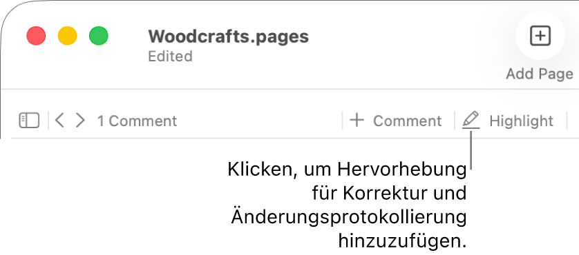 Die Menüleiste mit dem Menü „Einfügen“ und darunter die Symbolleiste von Pages mit eingeblendeten Korrekturwerkzeugen und einer Beschreibung für die Taste „Markieren“