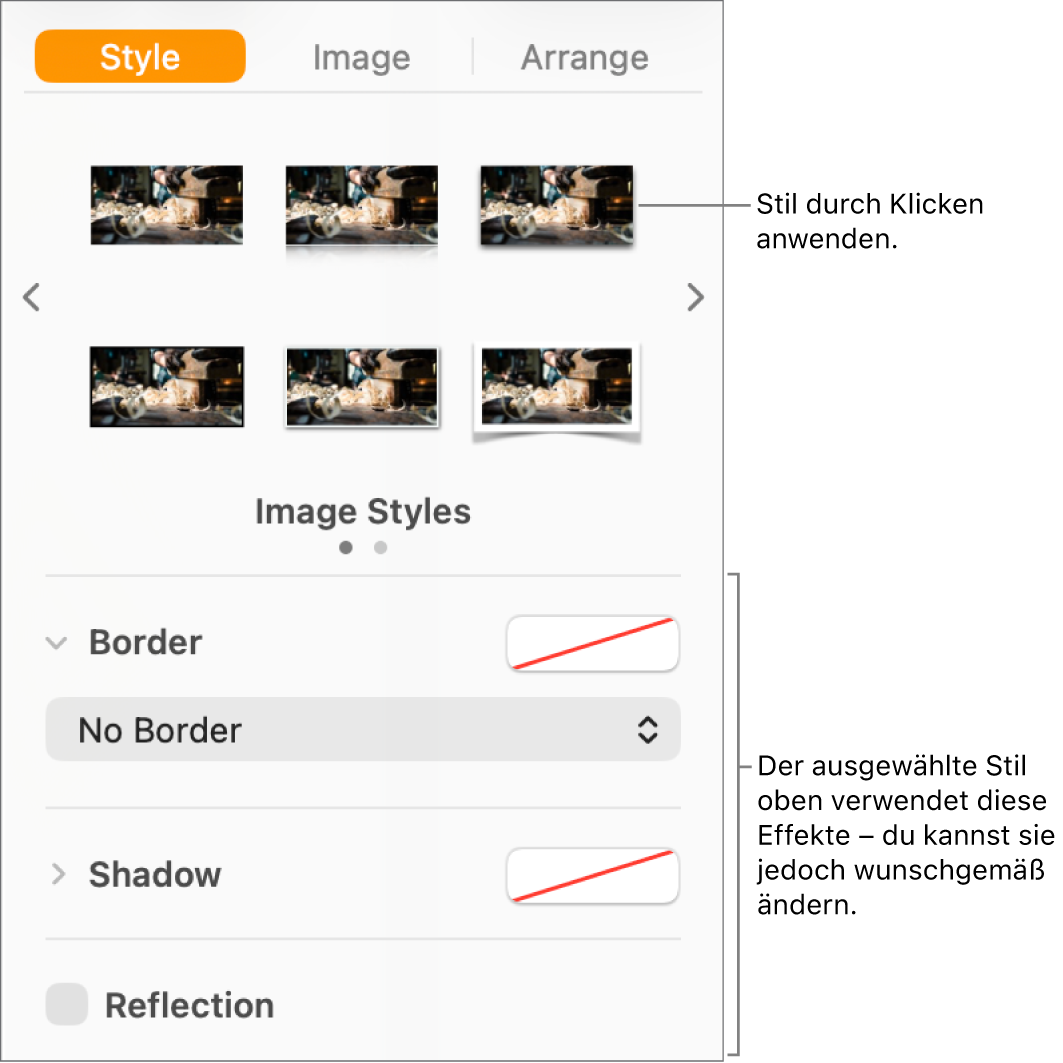 Der Tab „Stil“ der Seitenleiste „Format“ mit Optionen für Objektstile