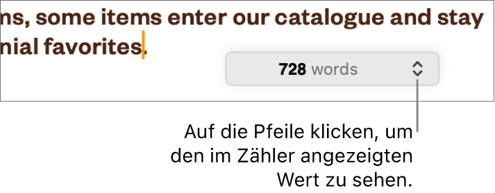 Das Menü für die Wortanzahl mit der Anzahl der Wörter im Dokument