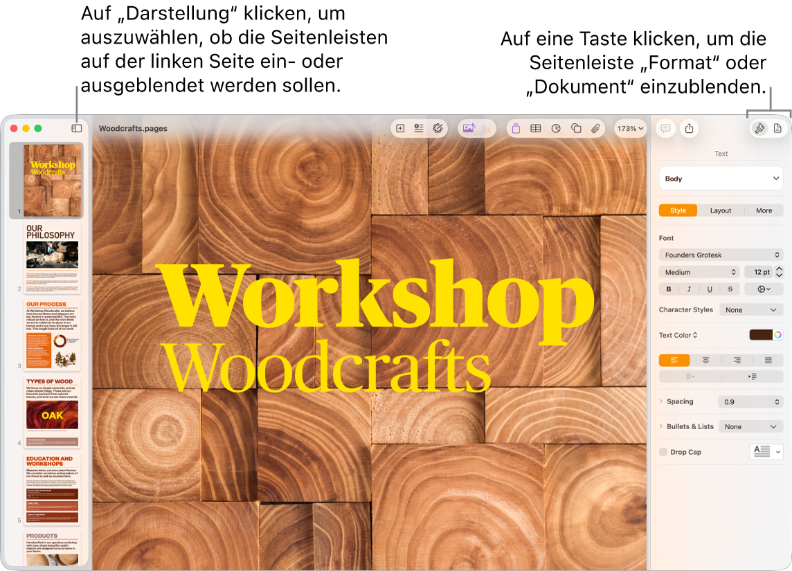 Das Pages-Fenster mit Beschreibungen der Tasten für die Menüs „Darstellung“ „Format“ und „Dokument“ in der Symbolleiste. Geöffnete Seitenleisten auf der linken und rechten Seite