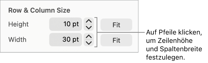 Die Steuerelemente zum Einstellen einer präzisen Zeilen- oder Spaltengröße