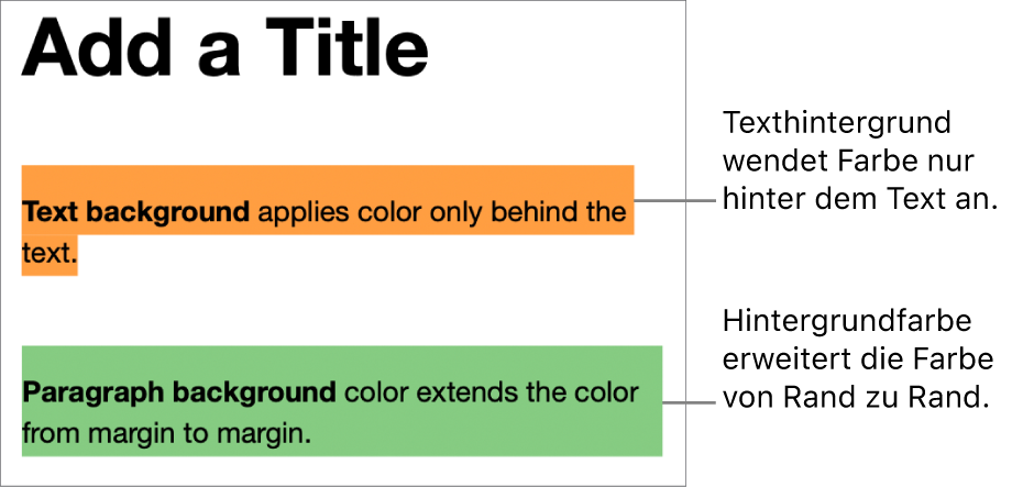 Ein Absatz, bei dem nur der Text farblich hervorgehoben ist, und ein zweiter Absatz, bei dem die farbliche Hervorhebung in einem Block von Rand zu Rand reicht.