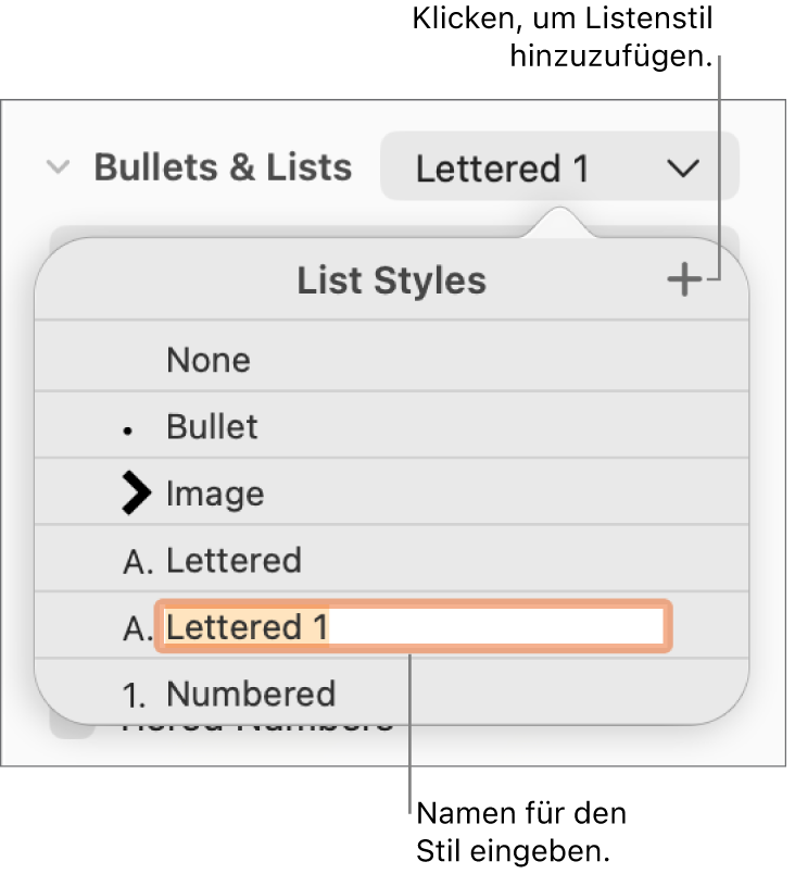 Das Einblendmenü „Listenstile“ mit einer Taste „Hinzufügen“ oben rechts in der Ecke und einem Platzhalter für einen Stilnamen, dessen Text ausgewählt ist.
