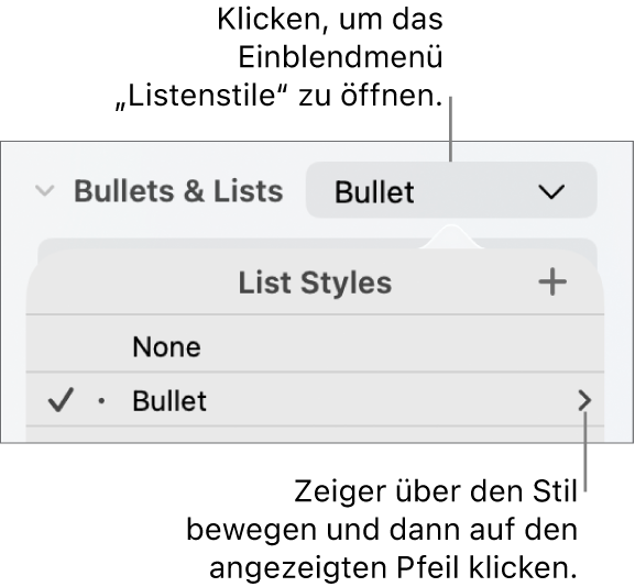 Das Einblendmenü „Listenstile“ mit einem ausgewählten Stil und einem Pfeil ganz rechts