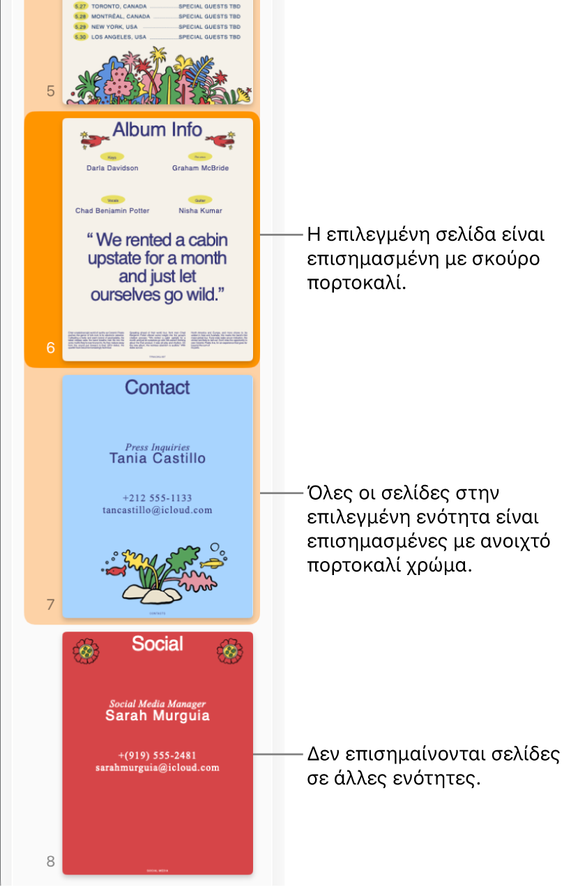 Η πλαϊνή στήλη προβολής μικρογραφιών με την επιλεγμένη σελίδα επισημασμένη με σκούρο πορτοκαλί και όλες τις σελίδες στην επιλεγμένη ενότητα επισημασμένες με ανοιχτό πορτοκαλί.