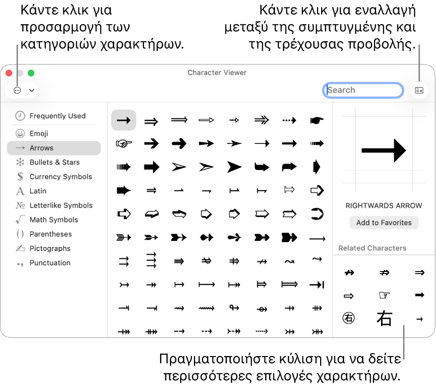 Η ανεπτυγμένη Προβολή χαρακτήρων όπου φαίνονται ειδικοί χαρακτήρες και σύμβολα, ένα μενού για διαφορετικές κατηγορίες συμβόλων στα αριστερά και ένα κουμπί στην πάνω δεξιά γωνία για επιστροφή στη συμπτυγμένη προβολή.