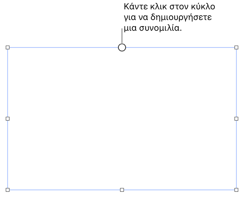 Ένα κενό πλαίσιο κειμένου με έναν λευκό κύκλο στο πάνω μέρος και λαβές αλλαγής μεγέθους στις γωνίες, στο πλάι και στο κάτω μέρος.
