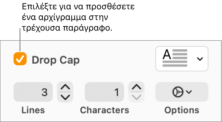 Το πλαίσιο επιλογής «Αρχίγραμμα» είναι επιλεγμένο και ένα αναδυόμενο μενού εμφανίζεται στα δεξιά του. Τα στοιχεία ελέγχου για καθορισμό του ύψους γραμμής, του αριθμού χαρακτήρων και άλλες επιλογές εμφανίζονται από κάτω.