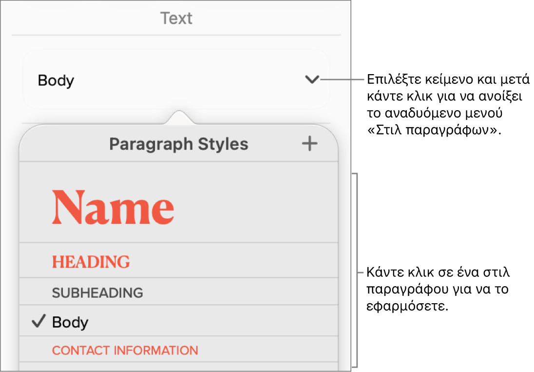 Το μενού «Στιλ παραγράφων».