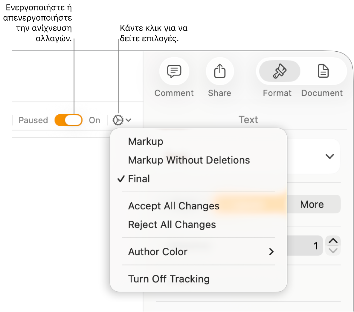 Το μενού επιλογών ανίχνευσης με την επιλογή «Απενεργοποίηση ανίχνευσης» στο κάτω μέρος και επεξηγήσεις για το κουμπί «Ενεργοποίηση» και «Σε παύση» ανίχνευσης.