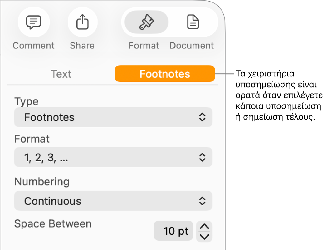 Το τμήμα «Υποσημειώσεις» με τα αναδυόμενα μενού «Τύπος», «Μορφή», «Αρίθμηση» και «Διάστημα μεταξύ σημειώσεων».