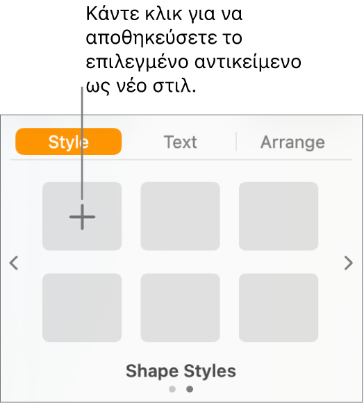 Η καρτέλα «Στιλ» στην πλαϊνή στήλη «Μορφή», με το κουμπί «Δημιουργία στιλ» στην πάνω αριστερή γωνία και πέντε κενά δεσμευτικά θέσης στιλ.